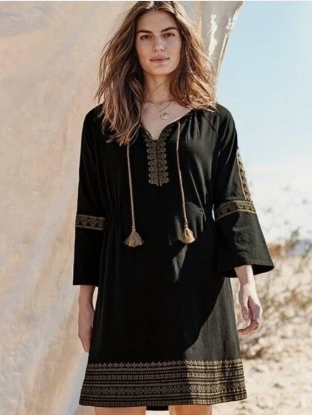 J. Jill Black Dress with Gold Embroidered Trim Sz MEDIUM EUC